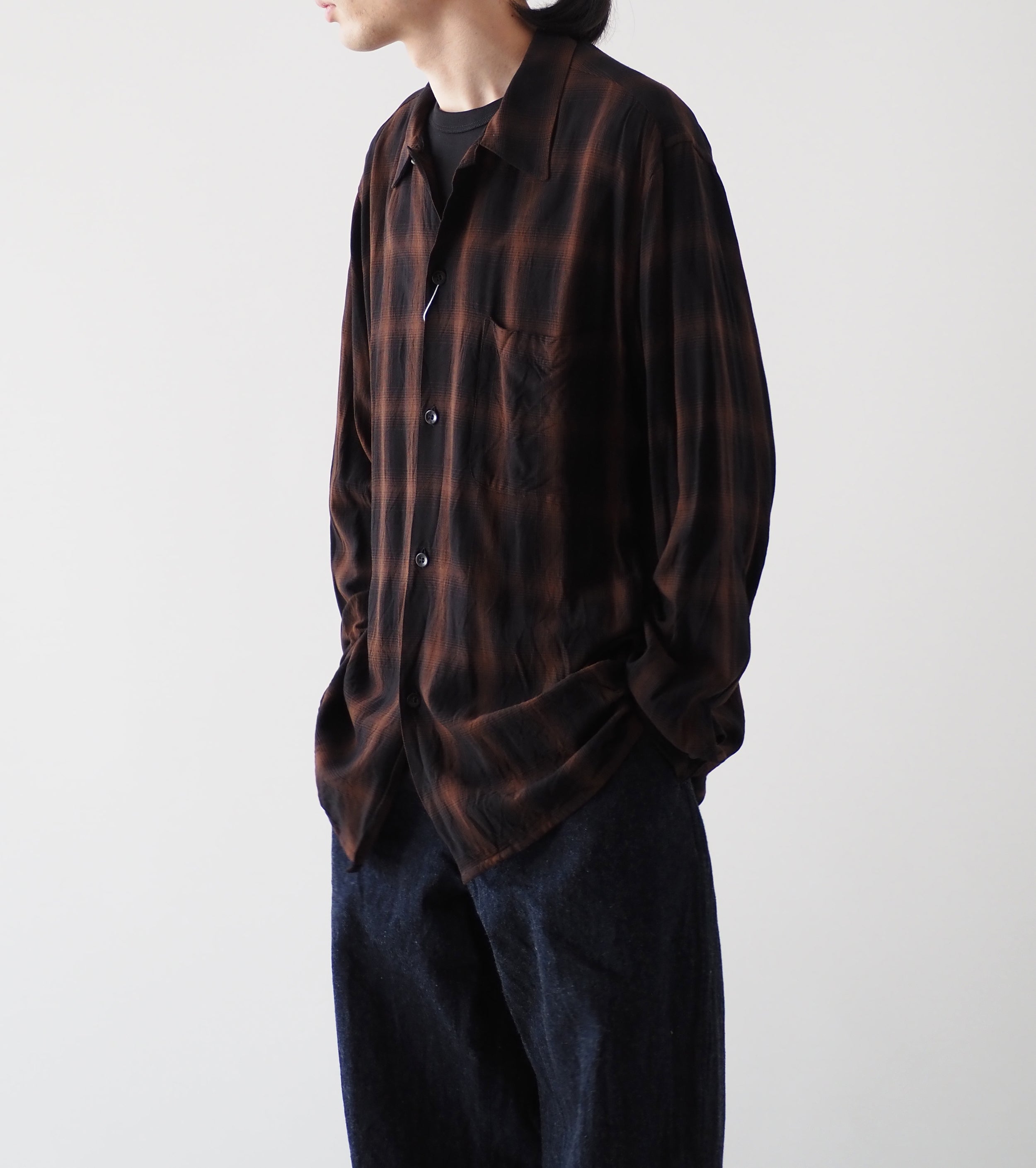 COMOLI レーヨン オープン カラーシャツ , Check – Navyblue