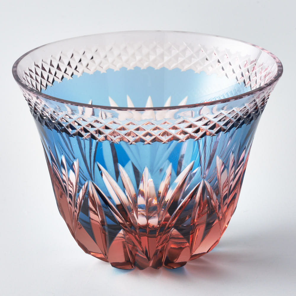 ガラス作家 田添琴英 天開ぐい呑 ラウンド魚子 八重咲 ピンクブルー