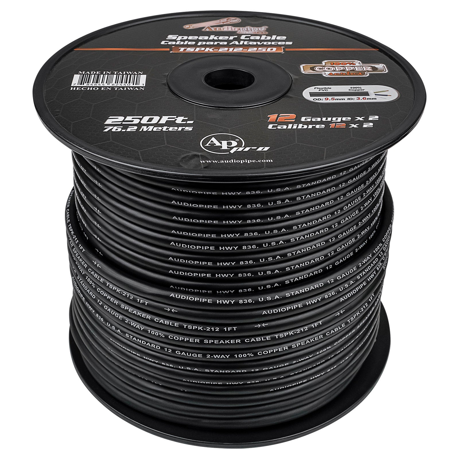 250Ft Speaker Cable, 12 AWG, 2 Conductors (TSPK-212-250) – Audiopipe