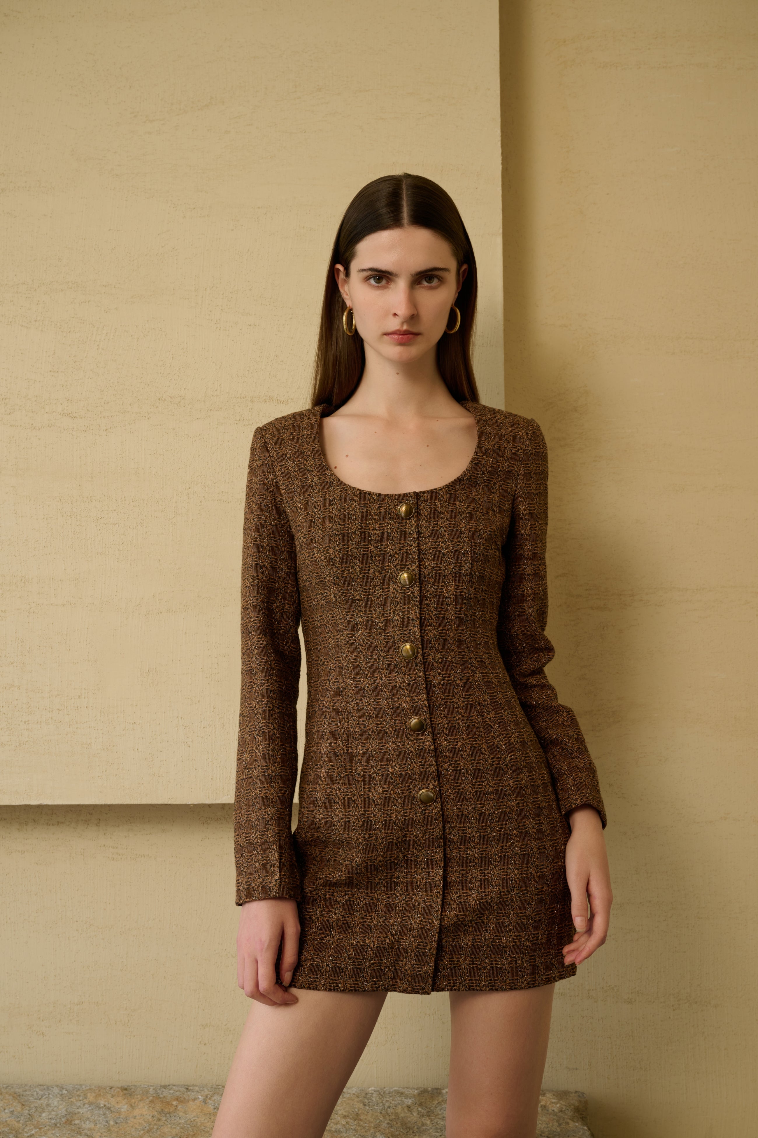 Tweed check long sleeve dress – Ancosti