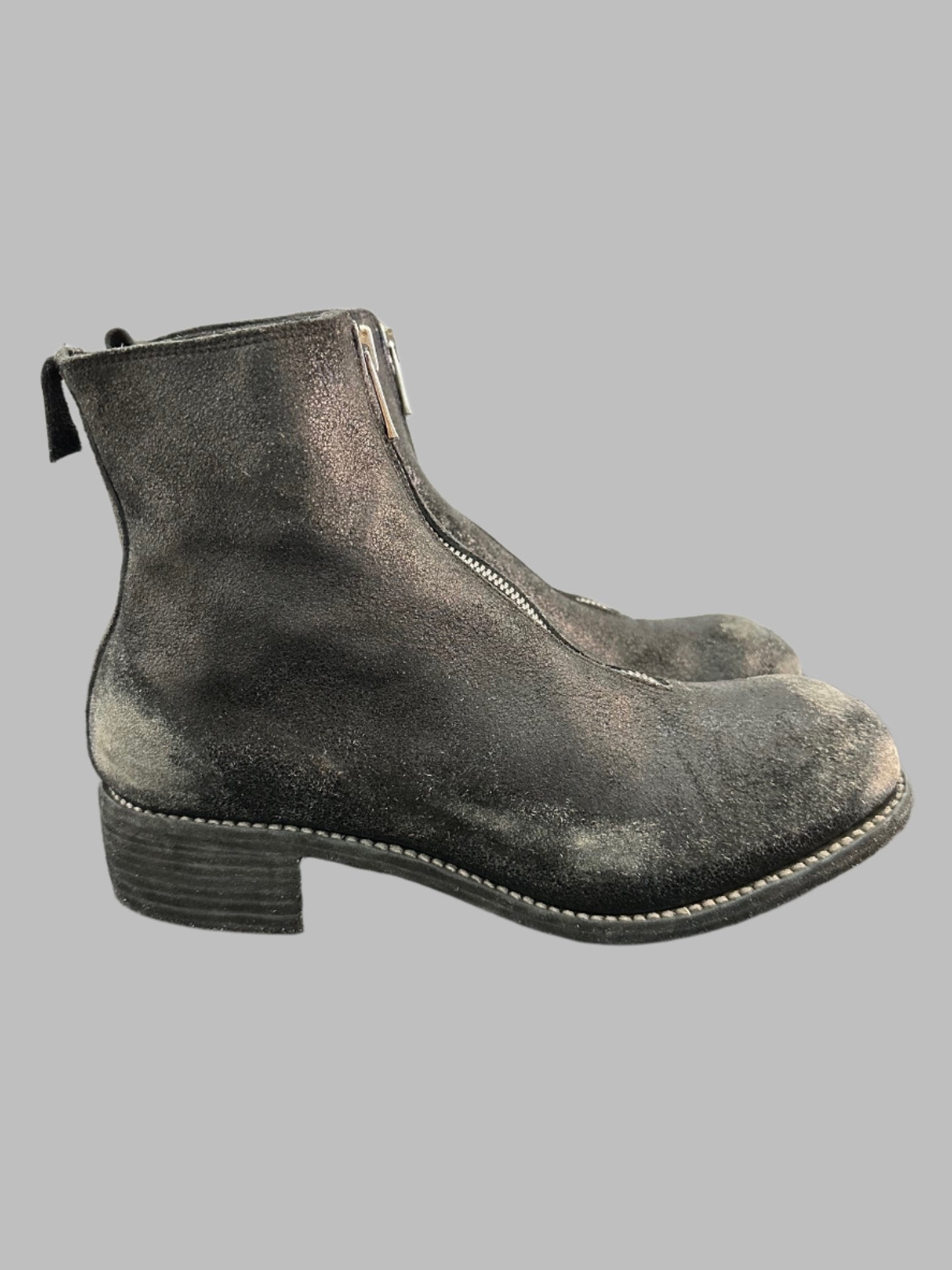 Black Resin Treated Reverse Horse Leather Front Zip Boots PL1_RU