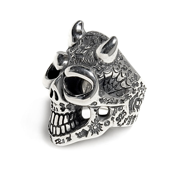 Graffiti Master Skull Ring with Horns - Bill Wall Leather Inc.