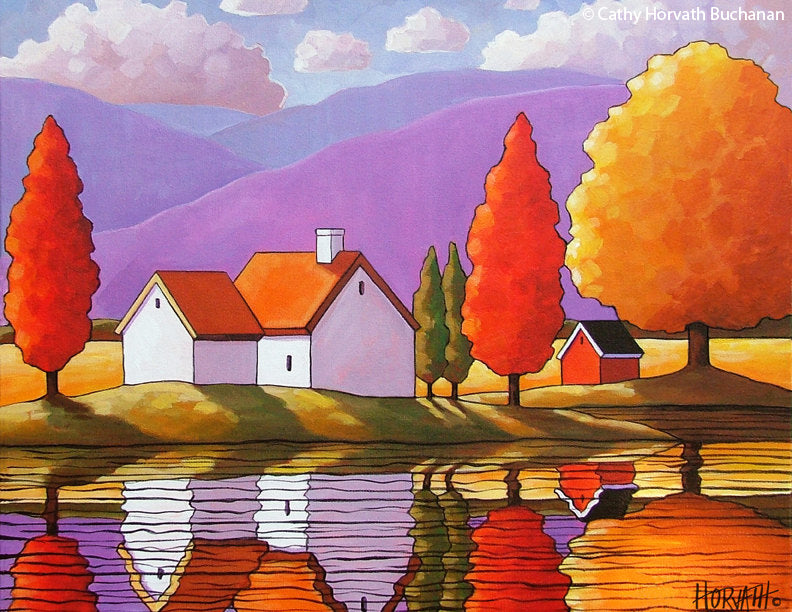 Purple Mountain Tree Colors Folk Art Print, Autumn Cottages Giclee