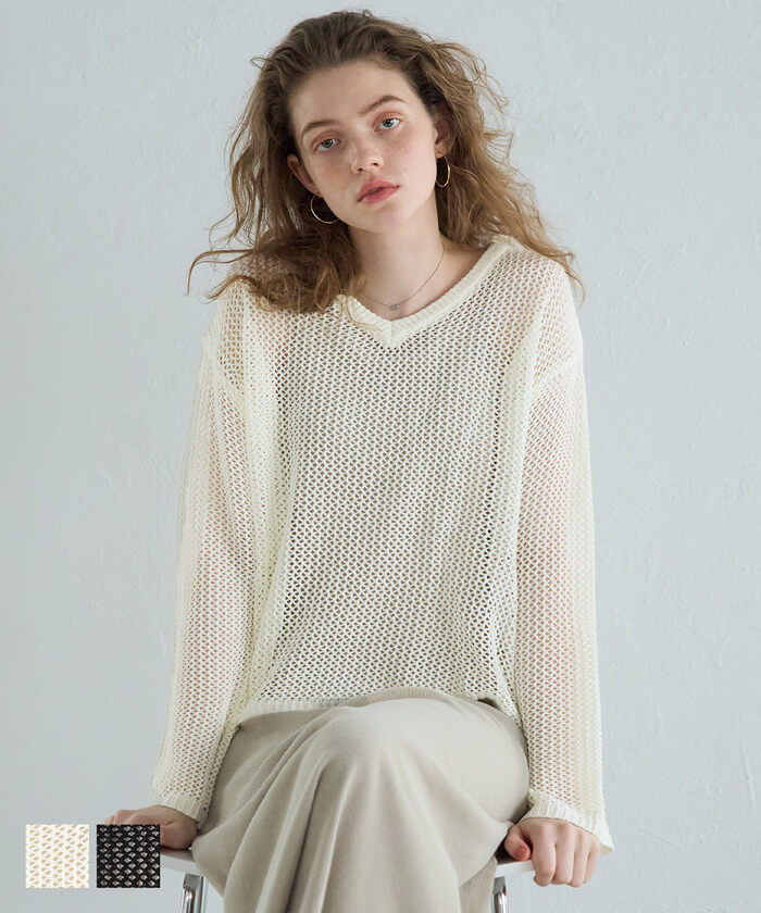 セール☆1990円→1490円 メッシュニット レディース Vネック ワイド