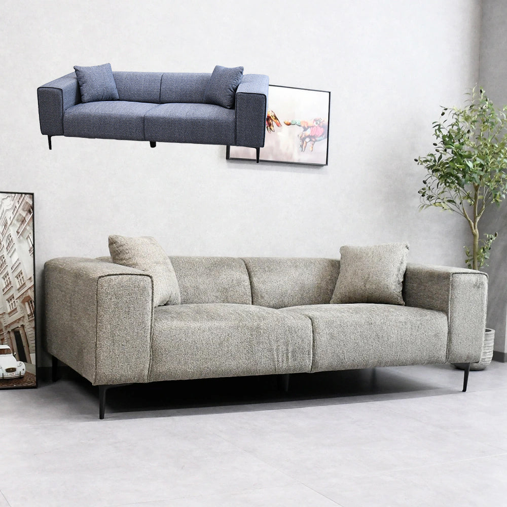 モダン×ゆったり】3人掛けソファ ファブリック グレー／ブルー 脚付き