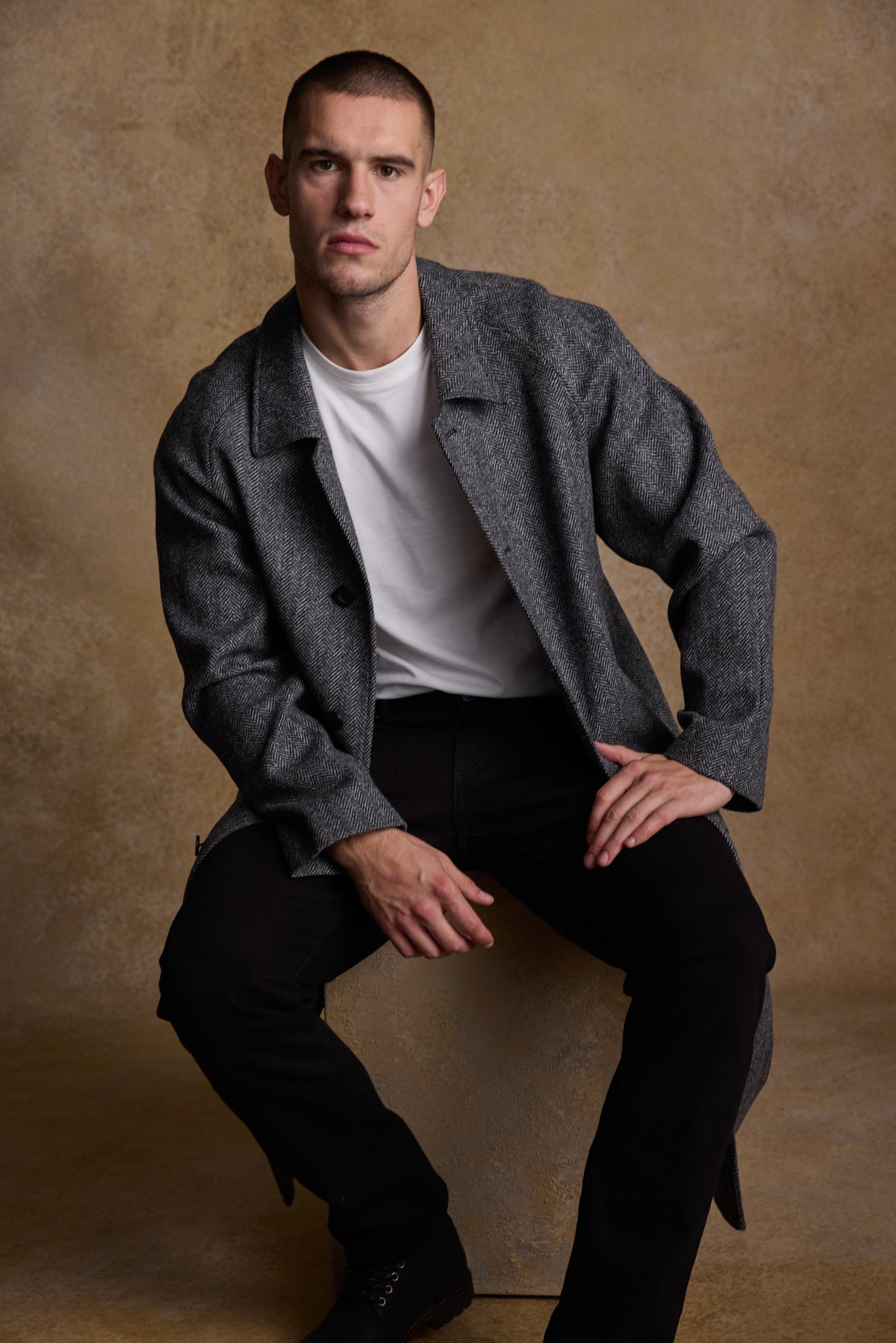 Sean Full-Length Tweed Coat - Charcoal Wide Herringbone