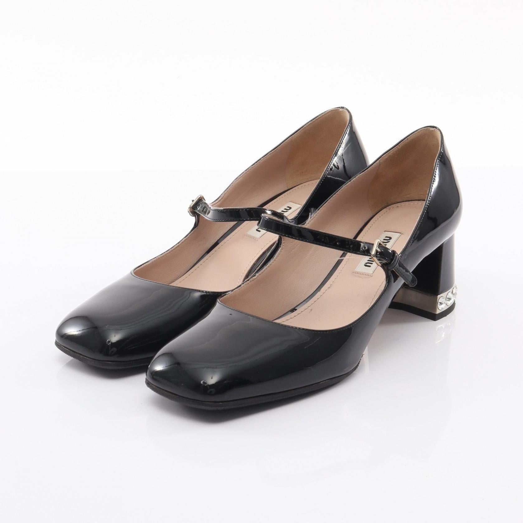 スクエアトゥ メリージェーン パンプス エナメルレザー ブラック