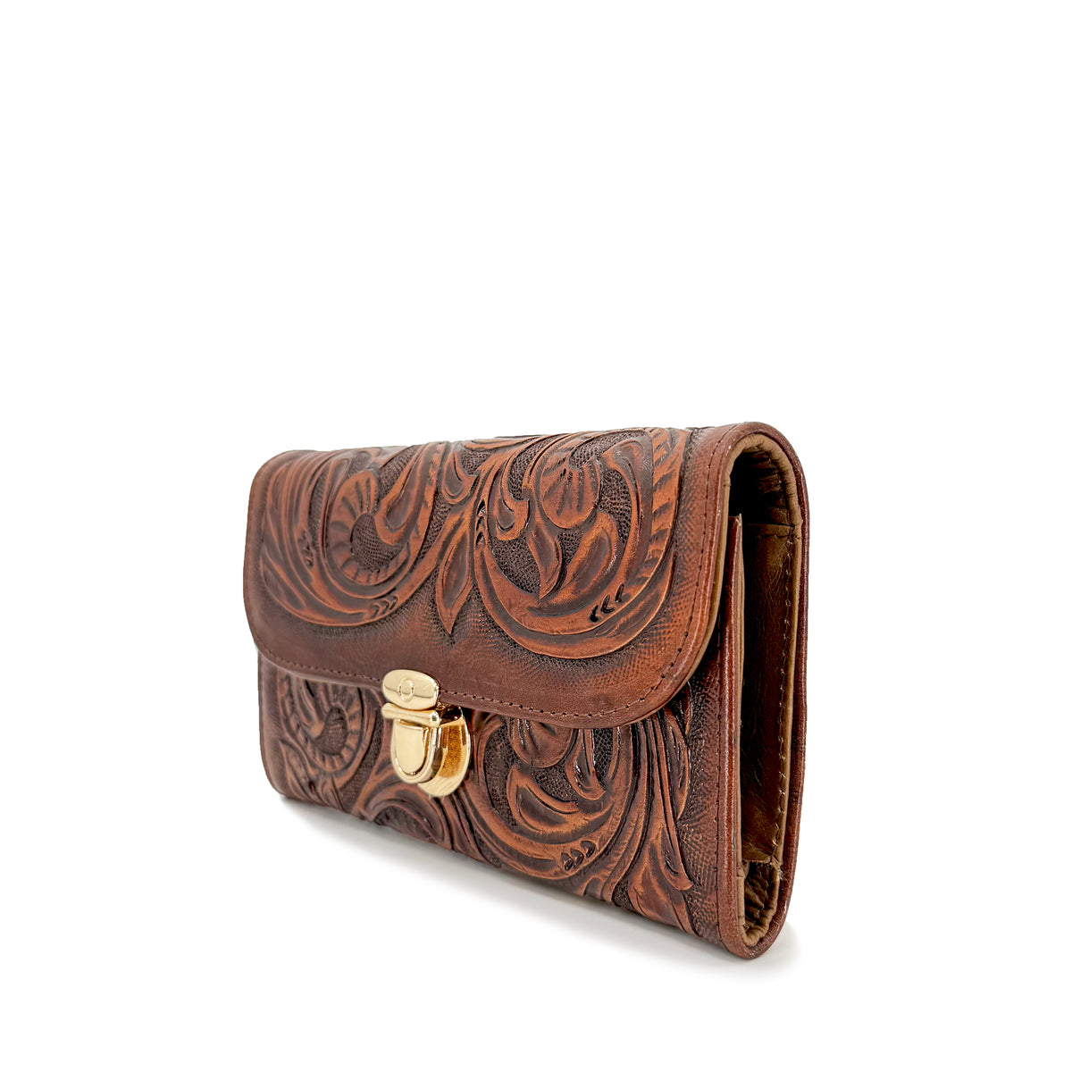 Hand-tooled Leather Wallet Clutch - Floral Cognac – Roman Boots TX RB