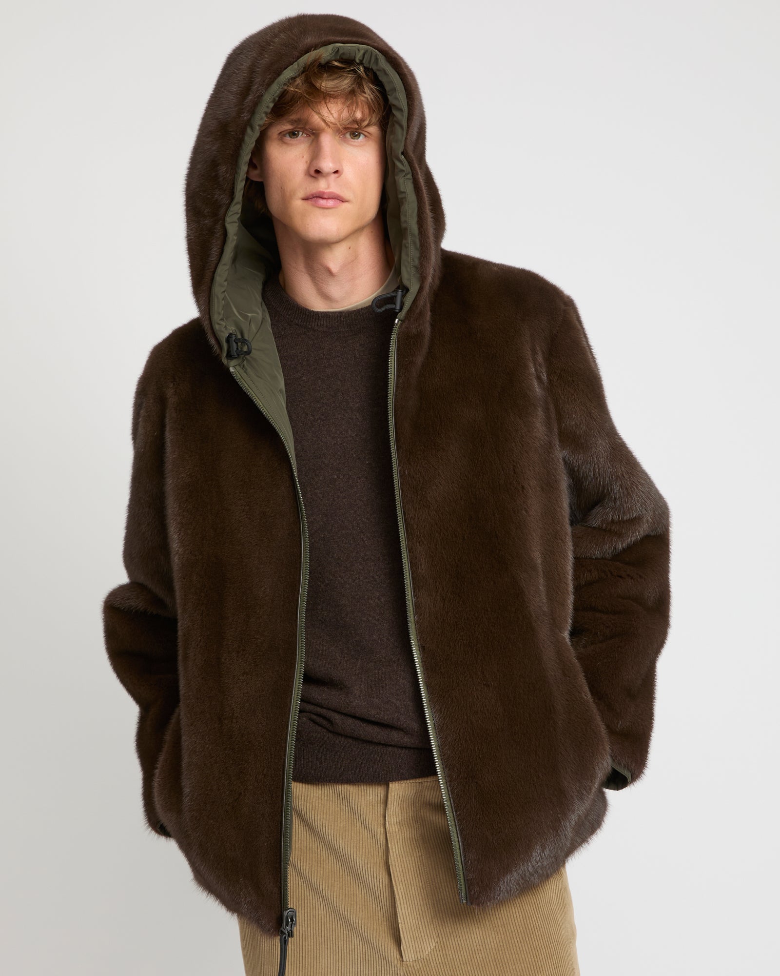 Reversible Hooded Jacket in Mink Fur and Technical Fabric - khaki