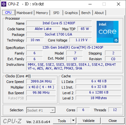 Intel Core i5 12400F @ 3999.04 MHz - CPU-Z VALIDATOR