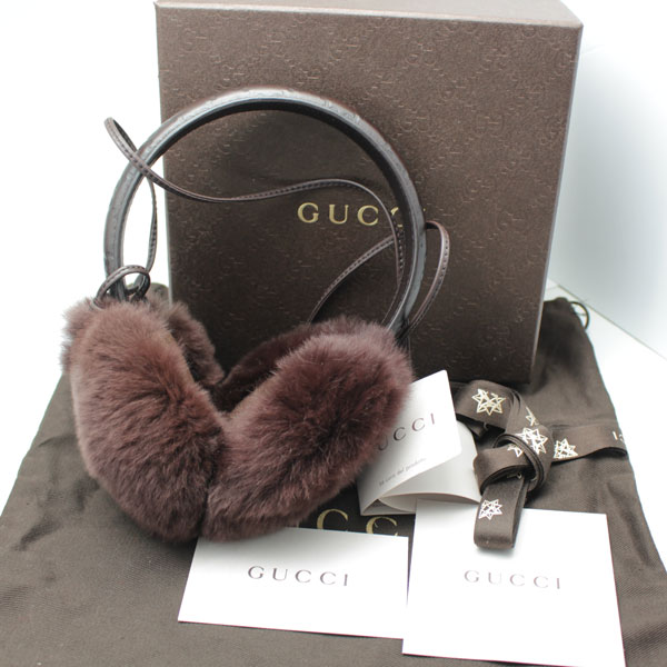 新品同様 グッチ GG柄グッチシマ ラビット イヤーマフラー ブラウン