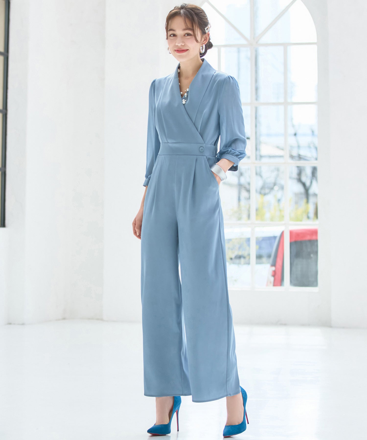 ジャンプスーツ パンツドレス シフォン S M L XL パーティー 結婚式