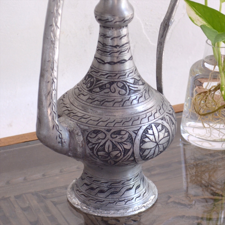 トルコ・銅製の水差し・アンティークシルバー/高さ35cm / ガラタバザール