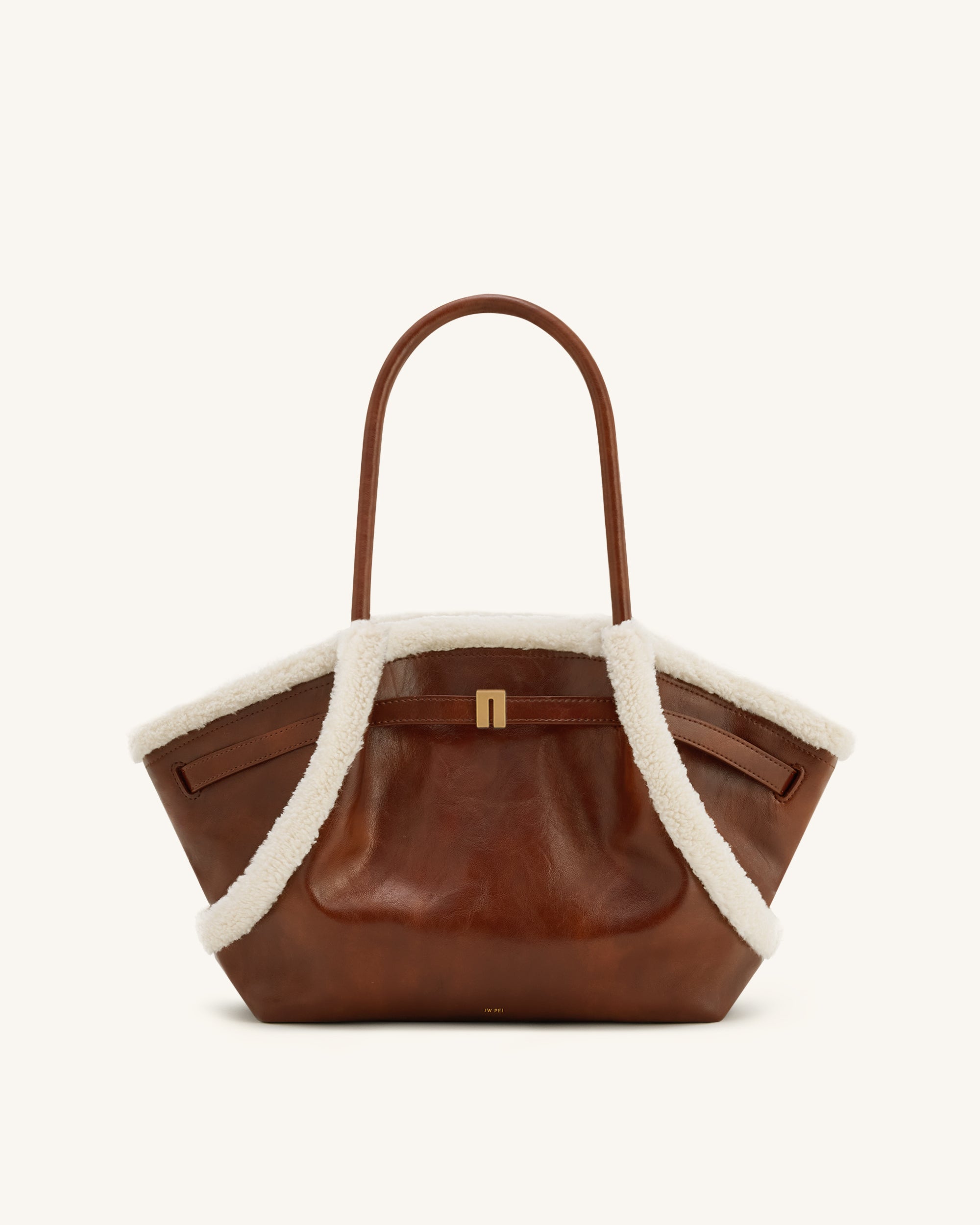 Hana Medium Faux Shearling Trim Tote Bag - Brown | JW PEI