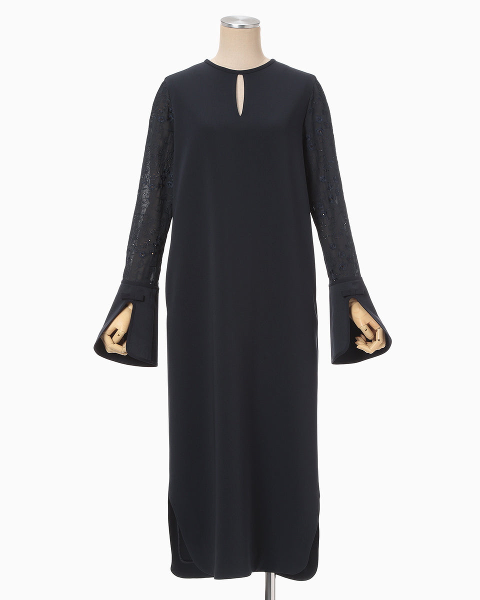 Triacetate Georgette Floral Embroidery Sleeve Classic Dress - navy