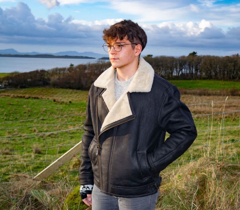 Leather Flying Jacket - Dark Brown Nappa with Cream Wool Collar