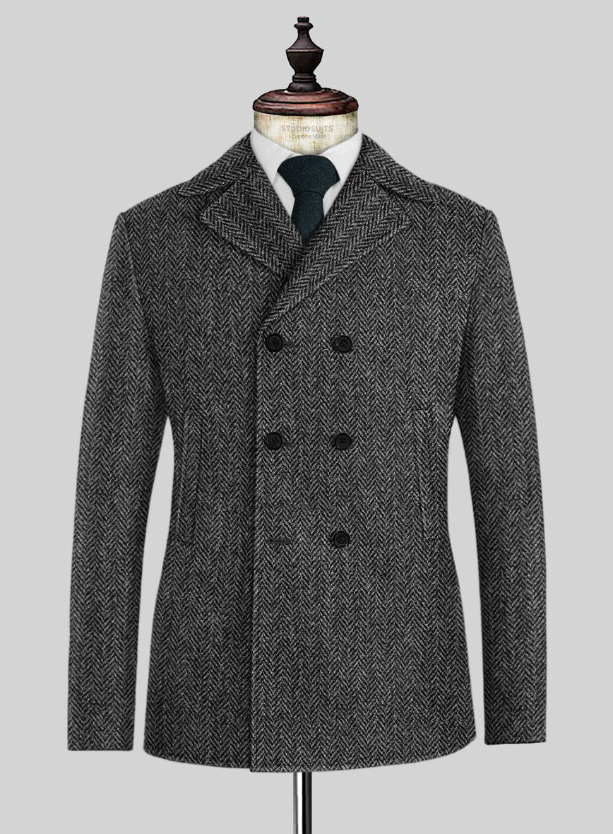 Harris Tweed Dark Gray Herringbone Pea Coat – StudioSuits