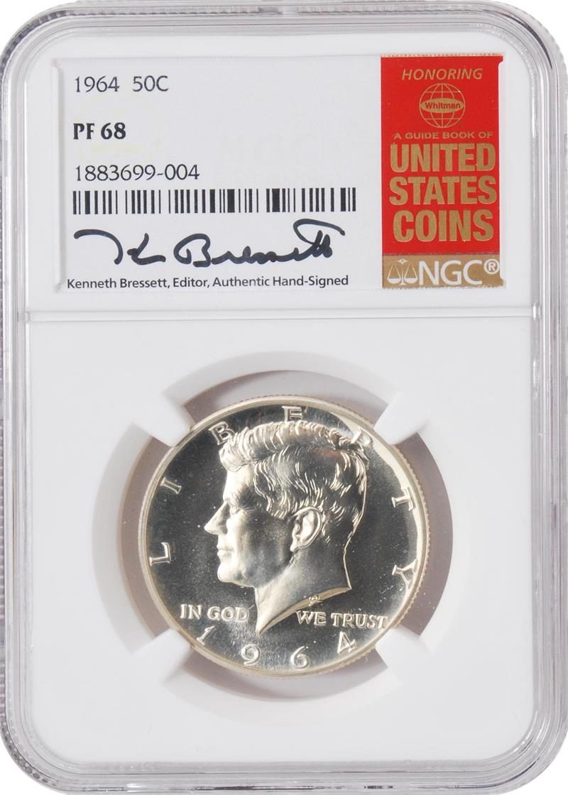 1964 KENNEDY Half Dollar NGC PF68 w/Kenneth Bressett Signature The onl