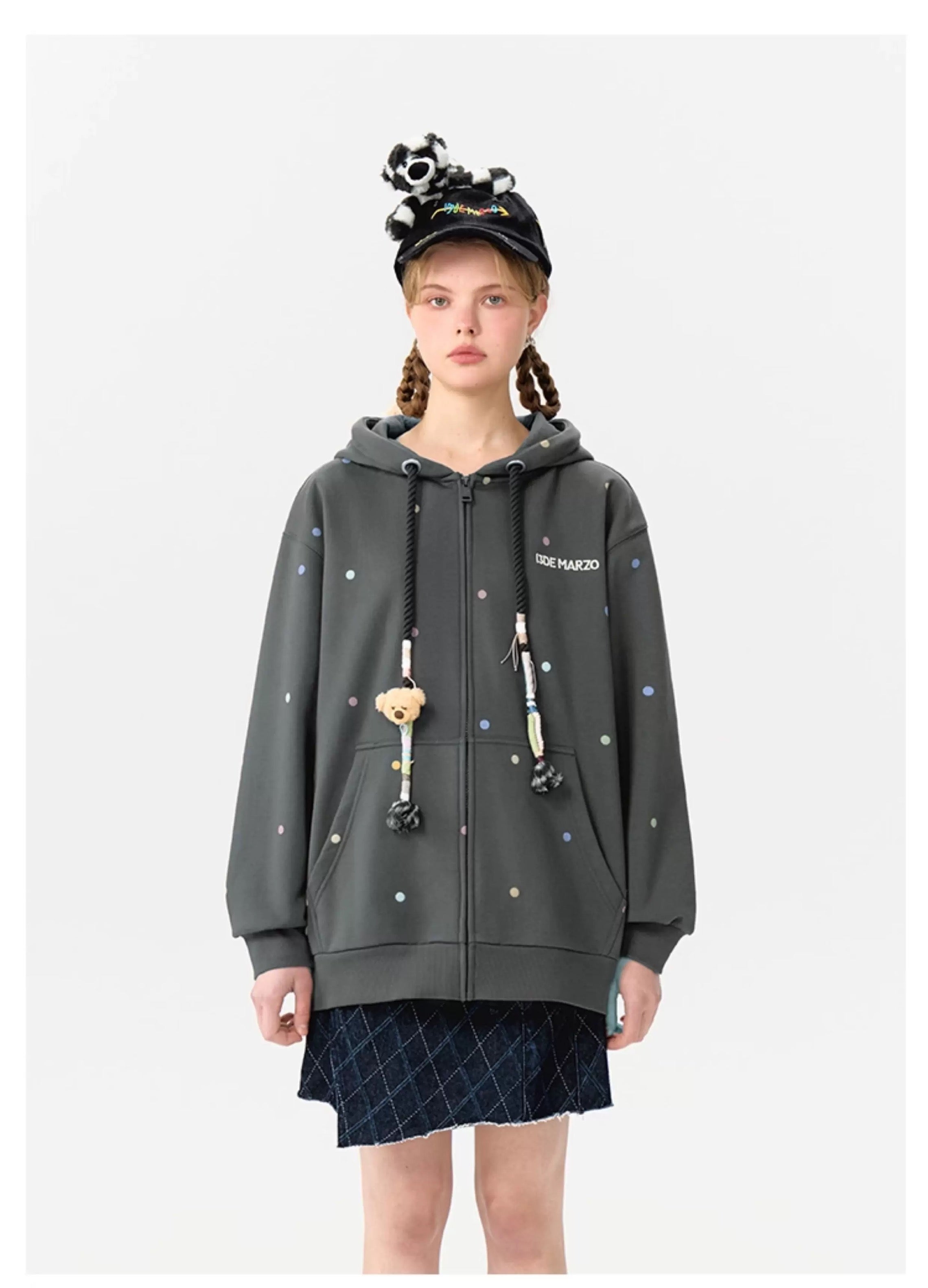 13DE MARZO Bear Colorful Dots Zip Hoodie