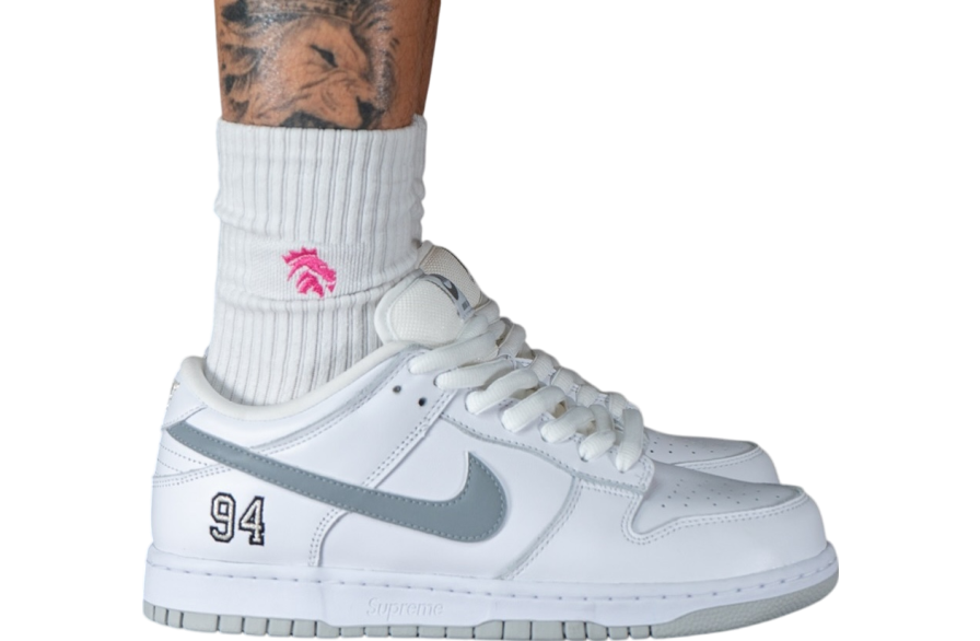Supreme x Nike SB Dunk Low White / Metallic Silver-White - May