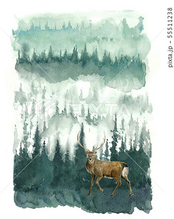 鹿のいる風景画 森 水彩 グリーントーンのイラスト素材 [55511238] - PIXTA