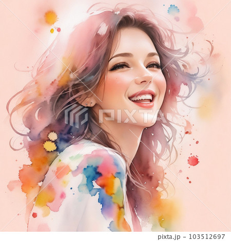 水彩画風の美しい女性の顔（AI生成画像）のイラスト素材 [103512697