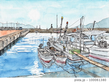 風景 船 水彩画 漁船の写真素材 - PIXTA