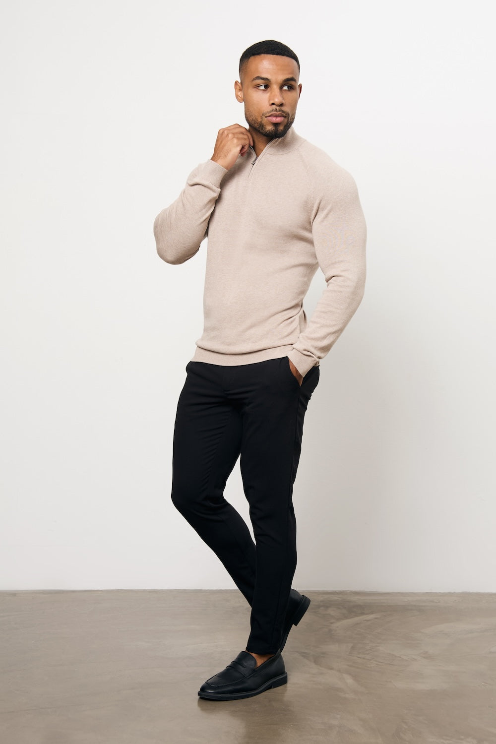 Pure Cotton Knitted Half Zip Neck Sweater in Neutral Marl
