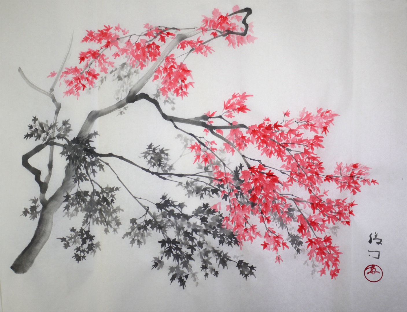 彩墨画「紅葉」 福田勝司筆 | 水墨画・達風 色彩のある墨絵｜教室