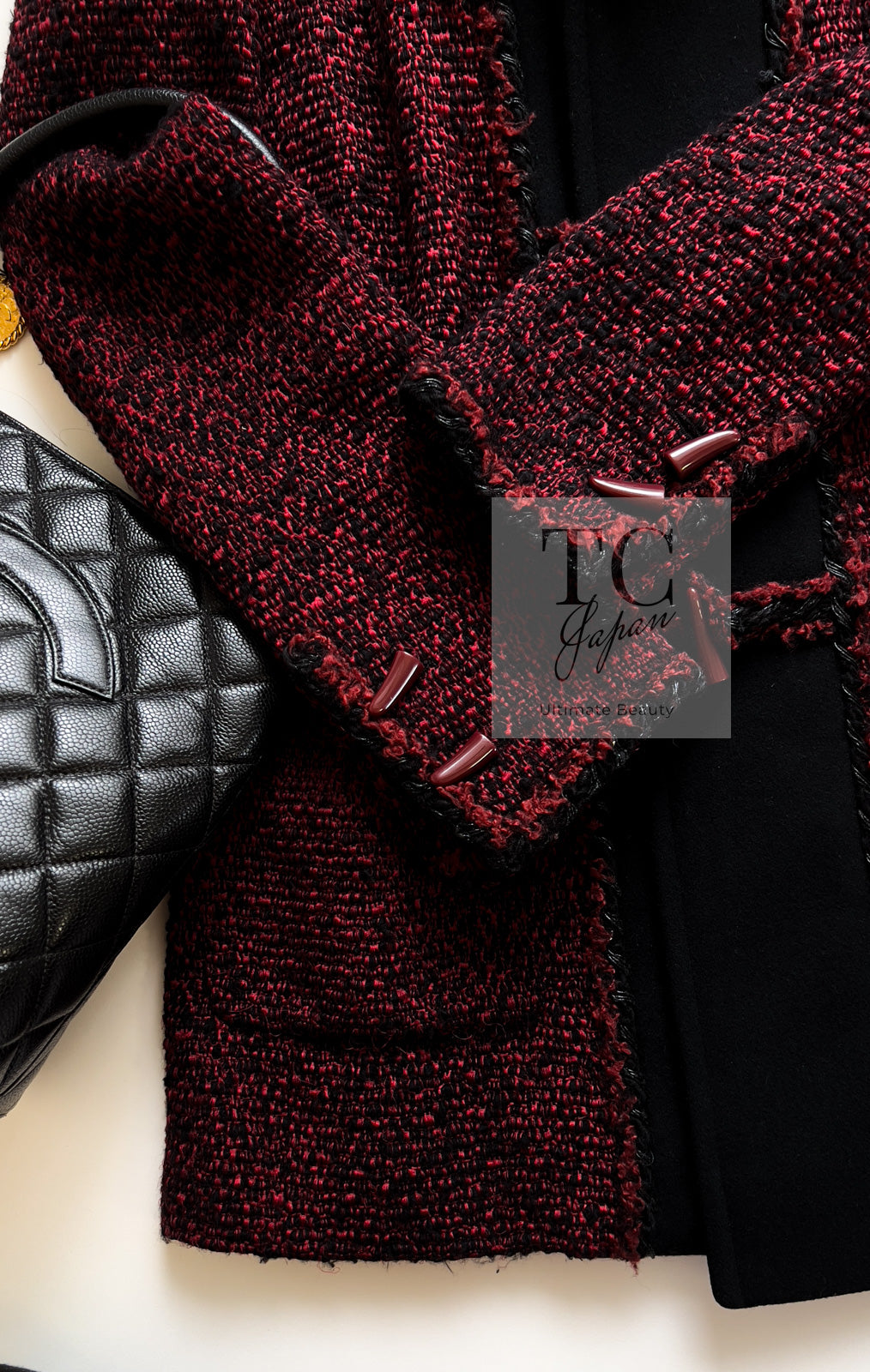 シャネル コート CHANEL レッド ブラック ウール フード ツイード 11A