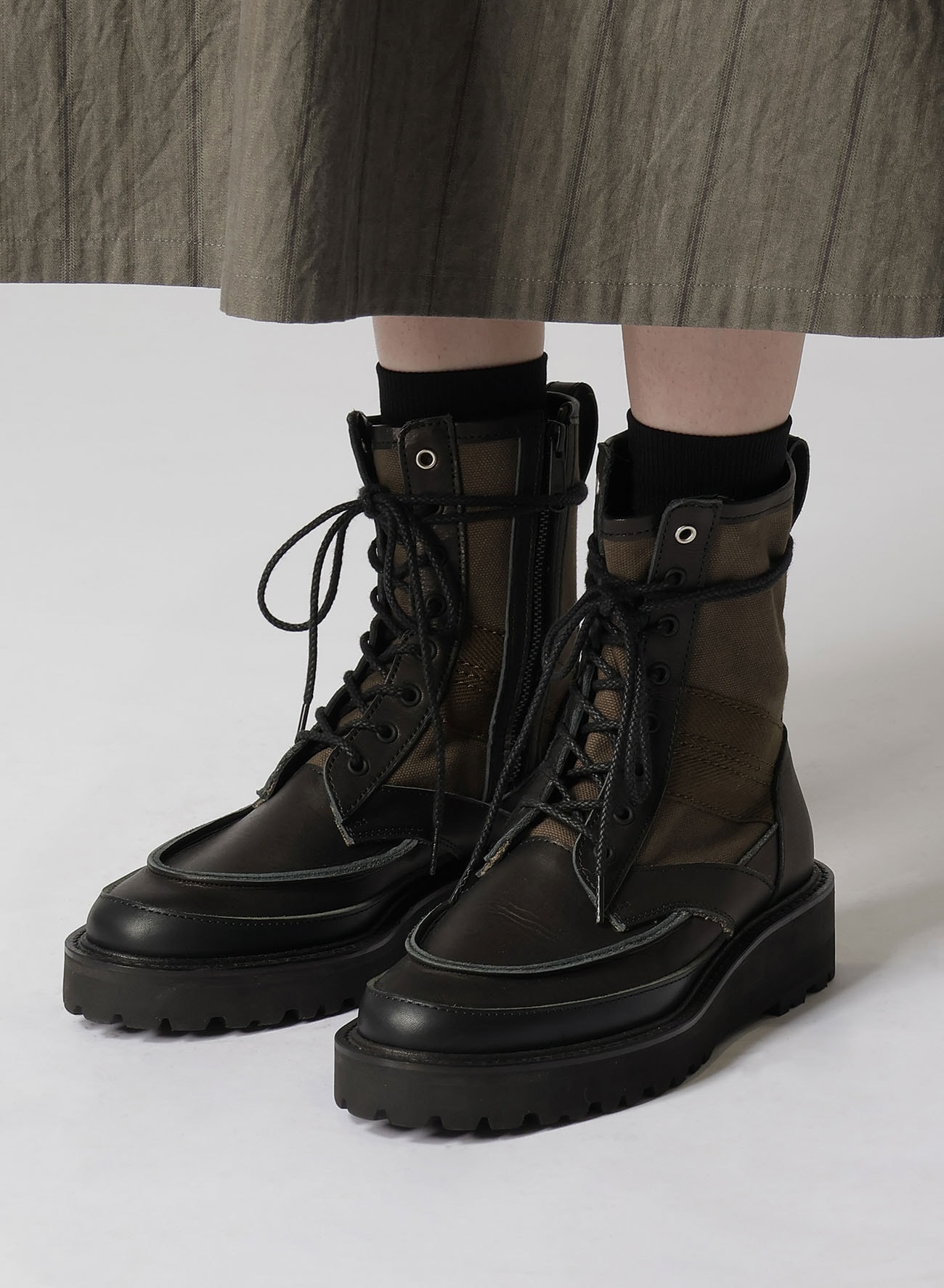 COTTON DUCK/LEATHER COMBINATION MILITARY BOOTS(22.5 Khaki