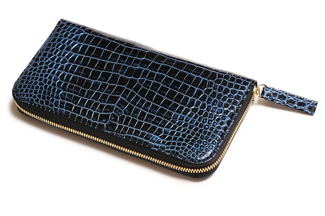 スモールクロコダイルラウンドファスナー長財布コスモブルー本金