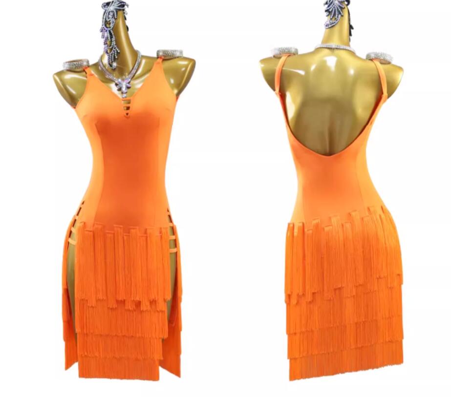 社交ダンスオレンジ系花柄フレアドレス 社交ダンス ドレス オレンジ系