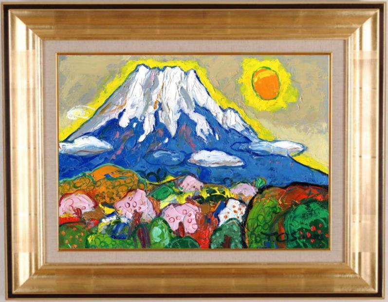 夏の富士油絵です直筆額縁付きです 夏の富士油絵です直筆額縁