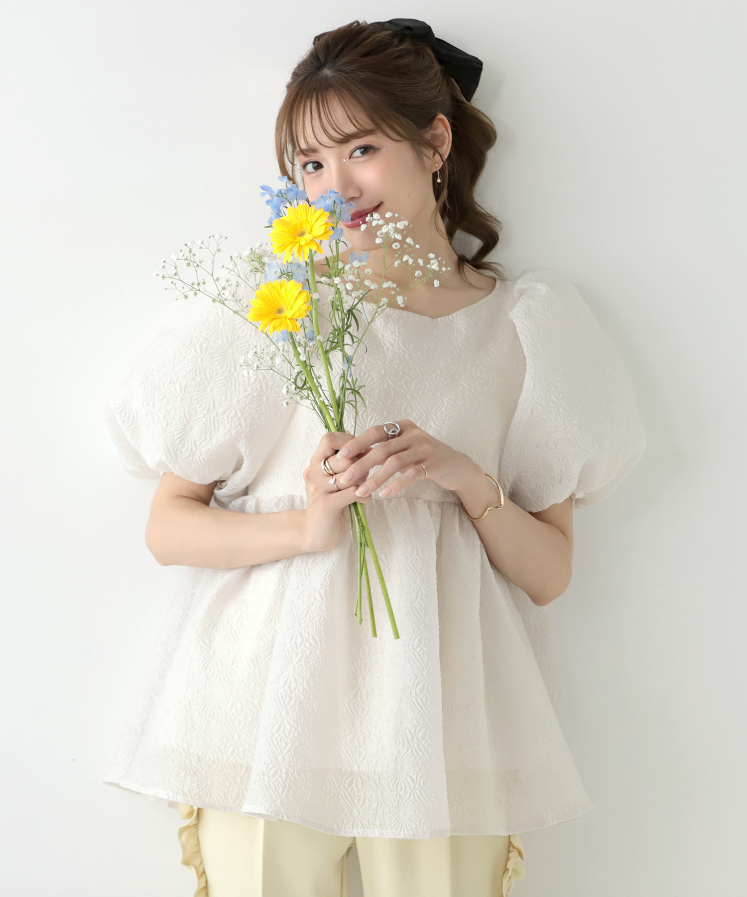 楽天市場】ふくれジャガードパフスリーブブラウス ジャガード パフ袖