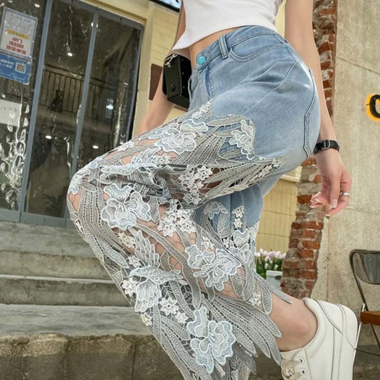 楽天市場】デニム ワイドパンツ レース 切り替え 肌見せ レディース