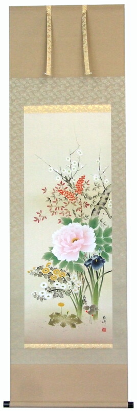 楽天市場】掛軸 四季花 富岡蘇峰作(掛け軸 尺五立) 幅54.5cm×丈189.5cm