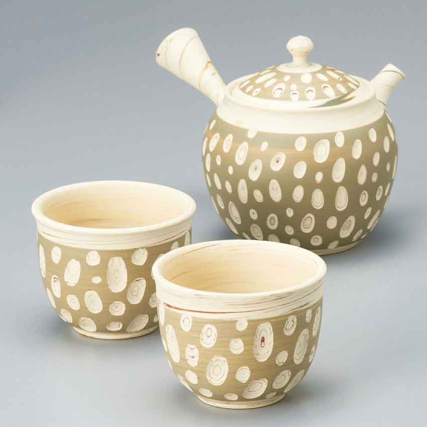 楽天市場】常滑焼 憲児 児白泥緑水玉3点セット(急須1点・湯呑2点