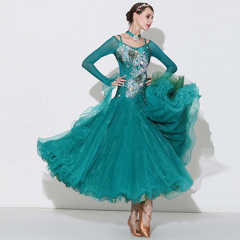 楽天市場】【受注生産S/M/L/XL/2XL】グリーン長袖レース 社交ダンス