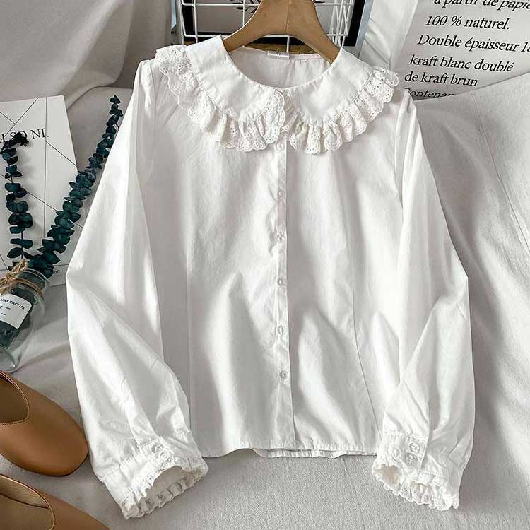 楽天市場】 ビッグカラー 長袖 フリル ブラウス 丸襟ブラウス 白シャツ