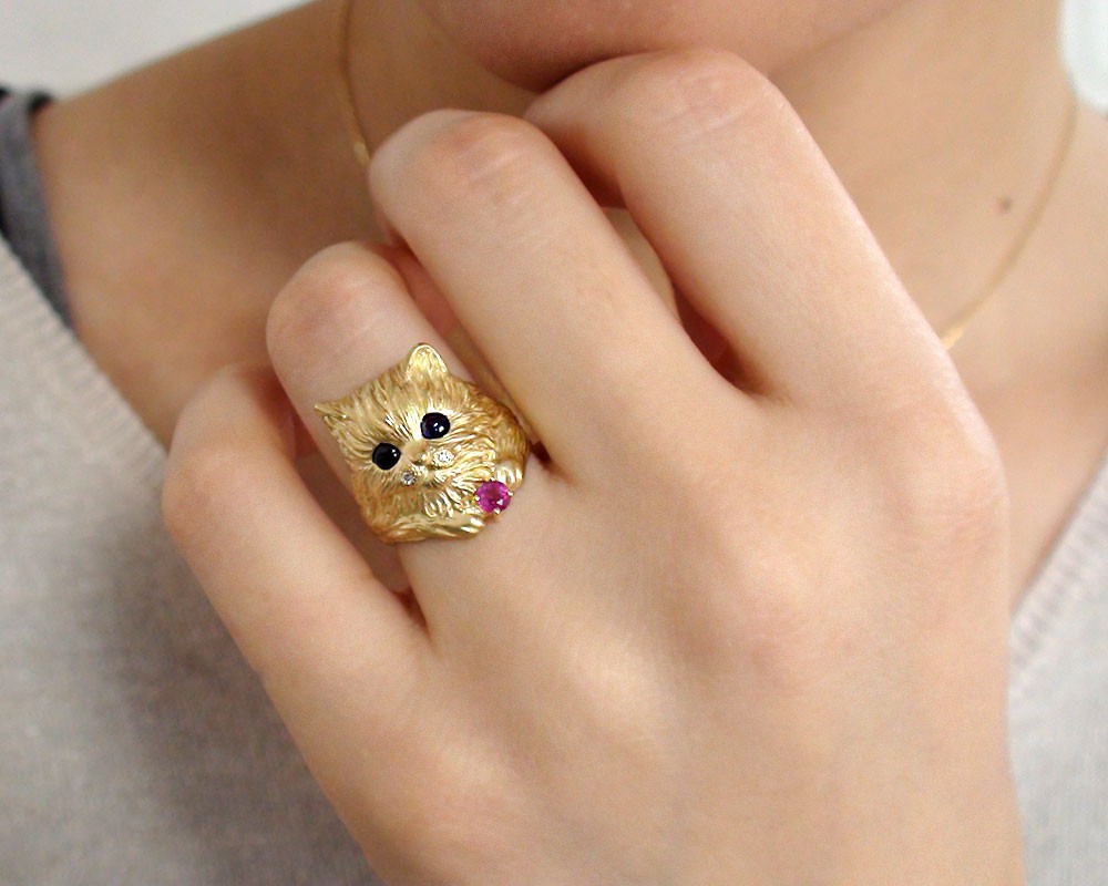 楽天市場】リング 猫リング K18イエローゴールド サファイア ルビ
