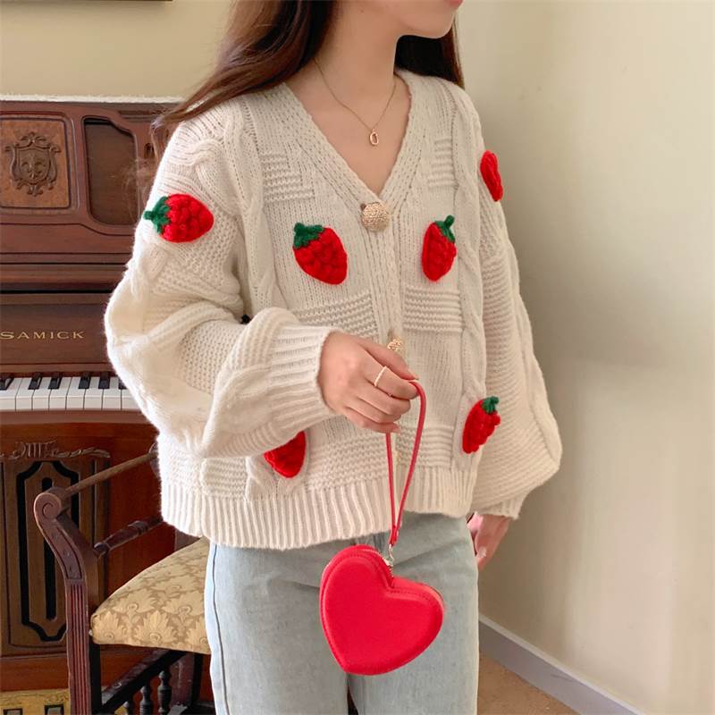 楽天市場】トップス ニット カーディガン 春 秋 冬 いちご 刺繍 長袖