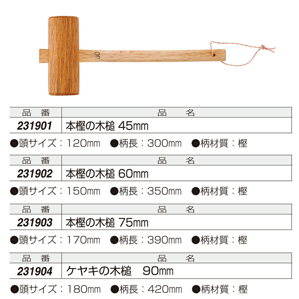 楽天市場】大金 本樫木槌 75mm 樫材 杭打ち 解体作業 木柄 組立て作業