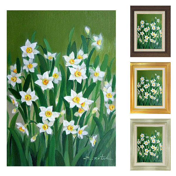 秀 桂 筆 色紙画 肉筆画 【 水仙図 】 額装 作品共良好 色紙二枚