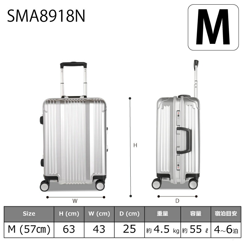 楽天市場】スーツケース Mサイズ 57cm アルミフレーム 【スーツケース