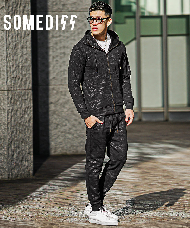 AKM】セットアップ ジップパーカー パンツ XLサイズ ブラック カモフラ