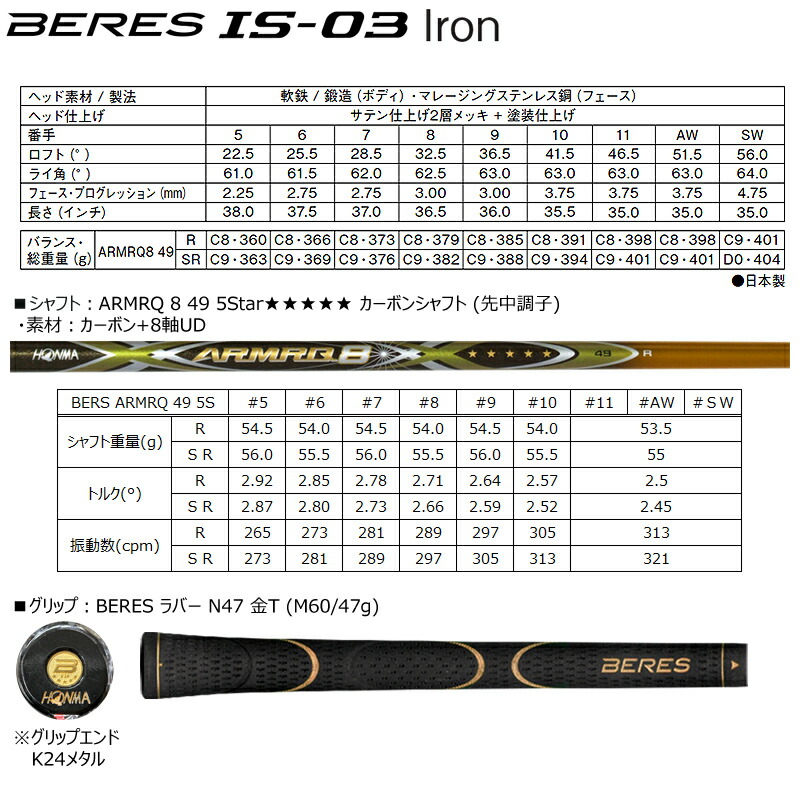楽天市場】本間ゴルフ(ホンマ/HONMA) ベレス IS-03 K24仕様 アイアン 9