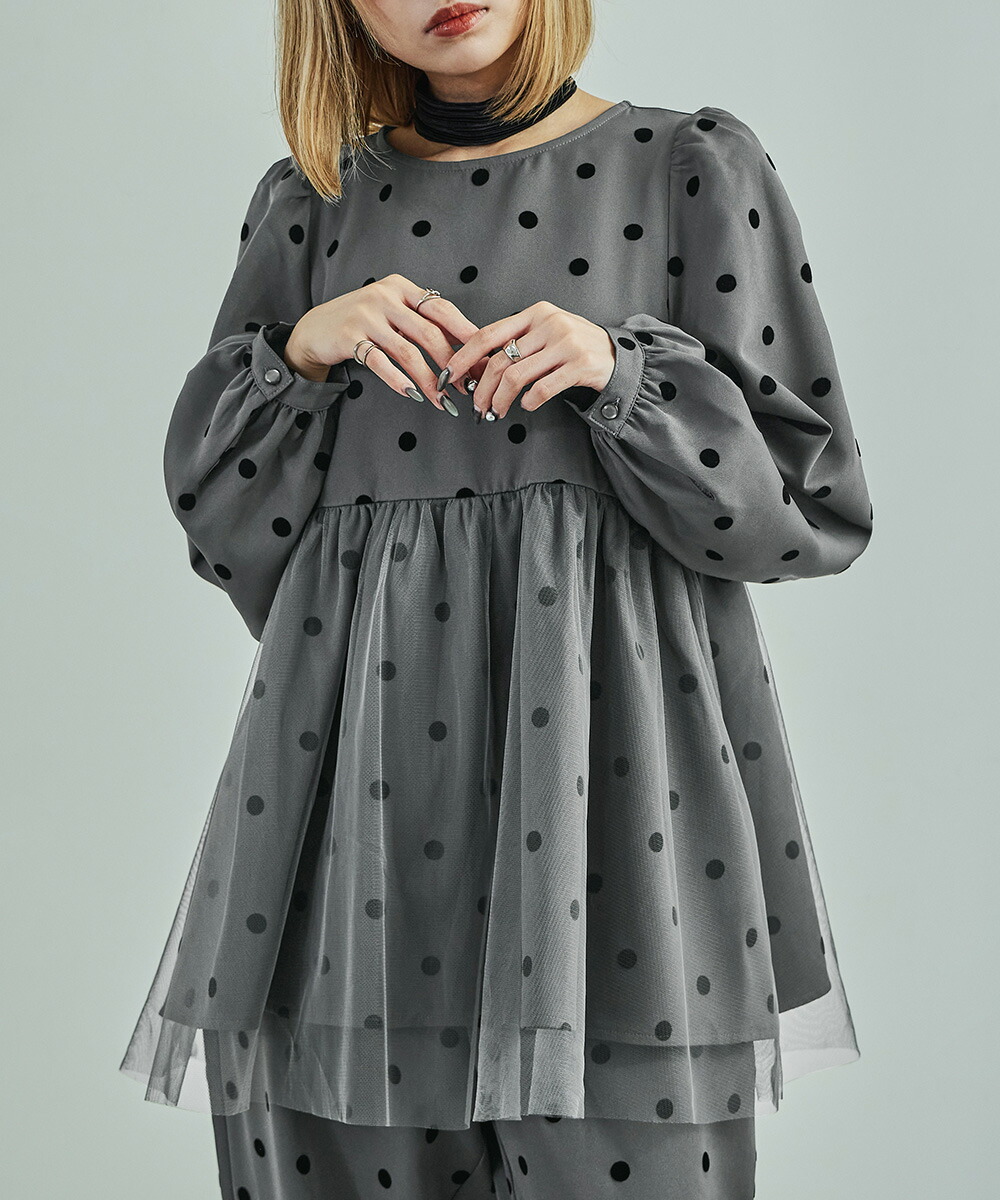 楽天市場】パフスリーブドットペプラムブラウス トップス チュール