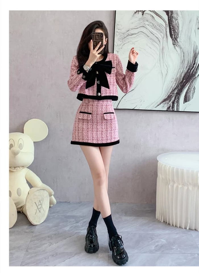 楽天市場】スカートセットアップ ノーカラー ツイード リボン 長袖