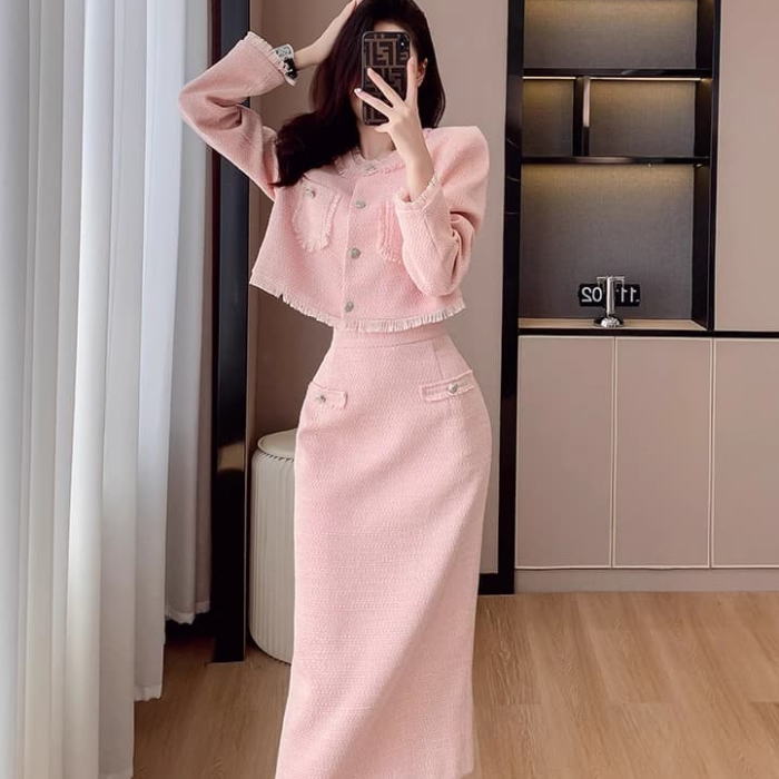 楽天市場】スカートセットアップ ノーカラー ツイード ボタン 長袖